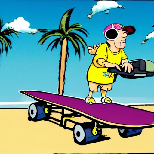 Prompt: a dodo wearing street clothes, a backwards ballcap and gold chain around its neck, on a hover board at a skate park at the beach, 1990s cartoon, anime style