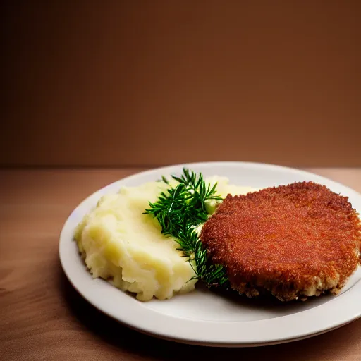 Prompt: mashed potatos and cutlet on a plate, studio light, cinematic, bokeh, hyperrealistic photo, 8k, feel of depth