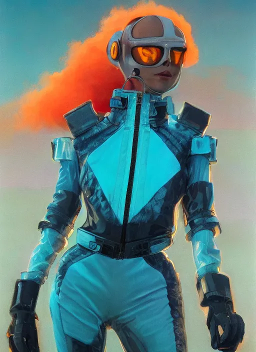 Image similar to symmetry!!! closeup portrait of a cyborg vape girl, fashion racing jumpsuit with shiny shoulder pads, cinematic light, windy, teal orange, volumetric smoke, mist, by gerald brom, by mikhail vrubel, by peter elson, muted colors, extreme detail, trending on artstation, 8 k