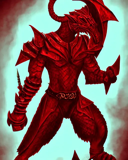 Image similar to red scaled male dragonborn wearing rogue outfit, full body portrait, vertical, muscular, wielding two daggers, fantasy, digital painting, cell shading, sharp, smooth focus