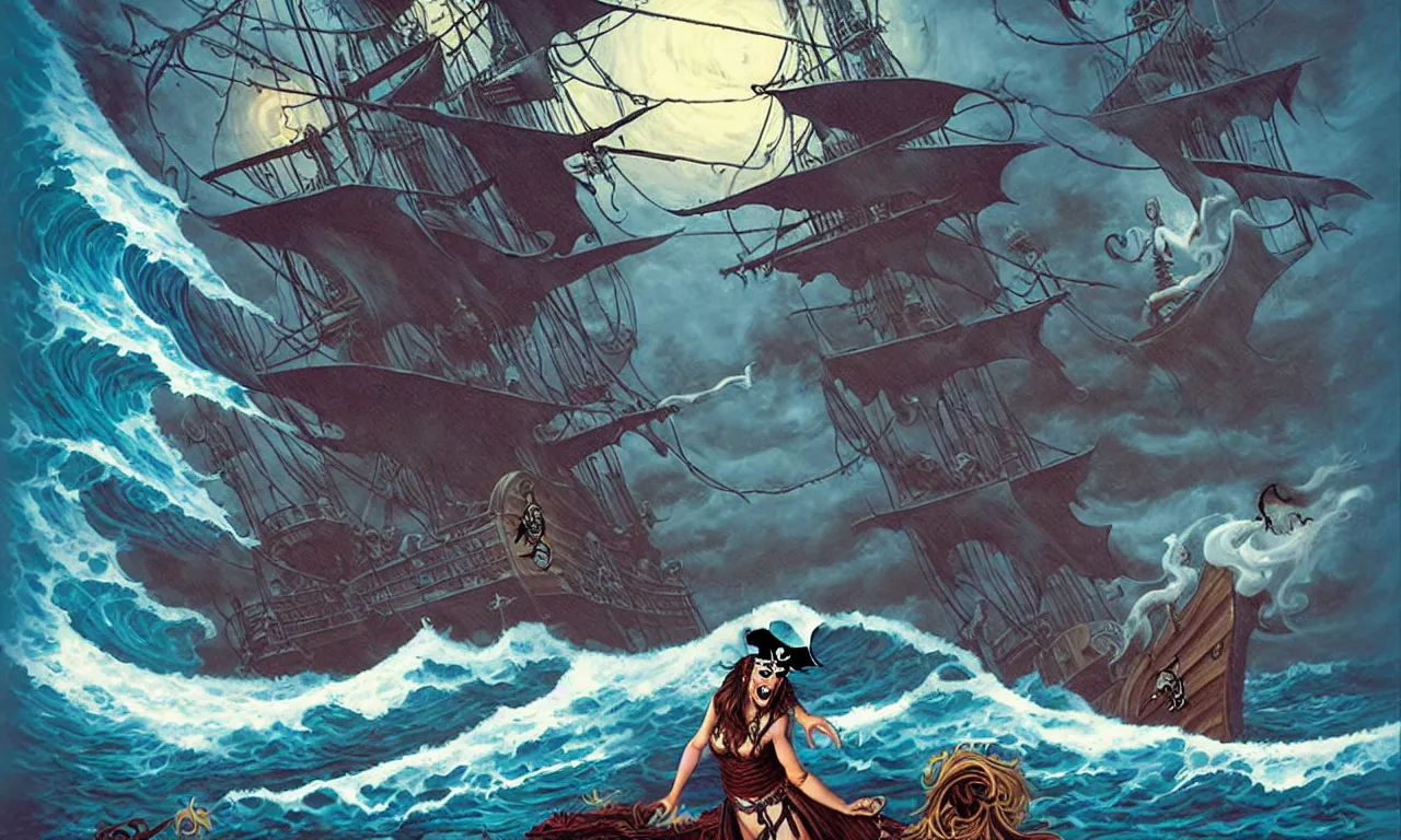 Prompt: a pirate witch summoning a giant wave aboard a ghost ship by olivia de berardinis and zoe mozert and mark arian and art frahm and earl moran