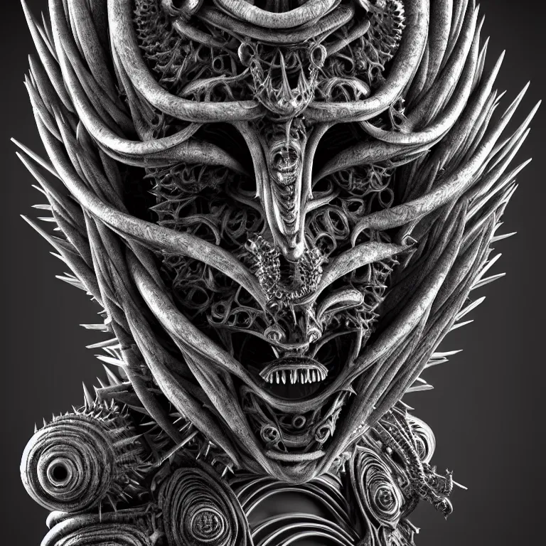 Image similar to biomechanical symmetrical spiky spinal ribbed surreal yama buddhist demon face portrait detailed beautiful BW digital art 3D render sculpture by Giger beautiful detailed intricate insanely detailed octane render, 8K artistic photography, photorealistic