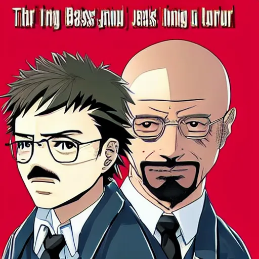 Prompt: cover art of a manga adaptation of breaking bad featuring walter white jesse pinkman and gus fring