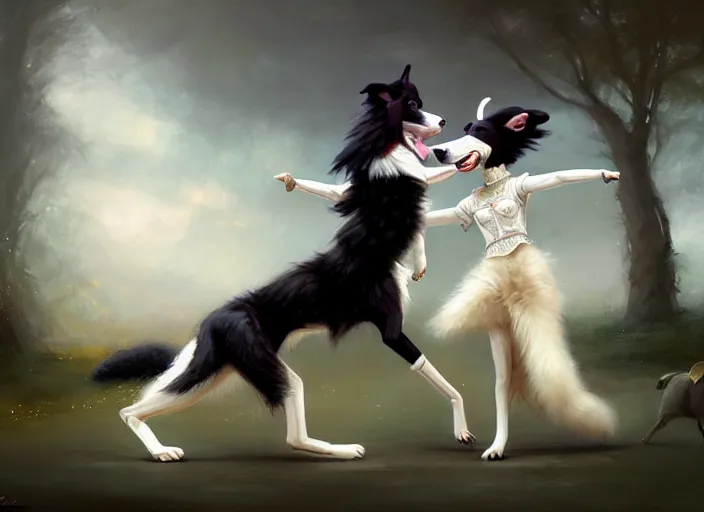 Image similar to wide shot painting of a male anthropomorphic border collie fursona dancing with a cute female anthropomorphic sheep fursona in a ballroom, beautiful, intricate, elegant, realistic proportions, highly detailed, scenic background, trending on artstation, art by charlie bowater and henry asencio and and ross tran