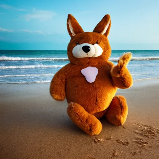 Prompt: an adorable fierce furry chubby monster with long floppy rabbit ears teddy bear body and wolf legs, Smiling at the camera with a mischievous grin, happy lighting, at a tropical beach