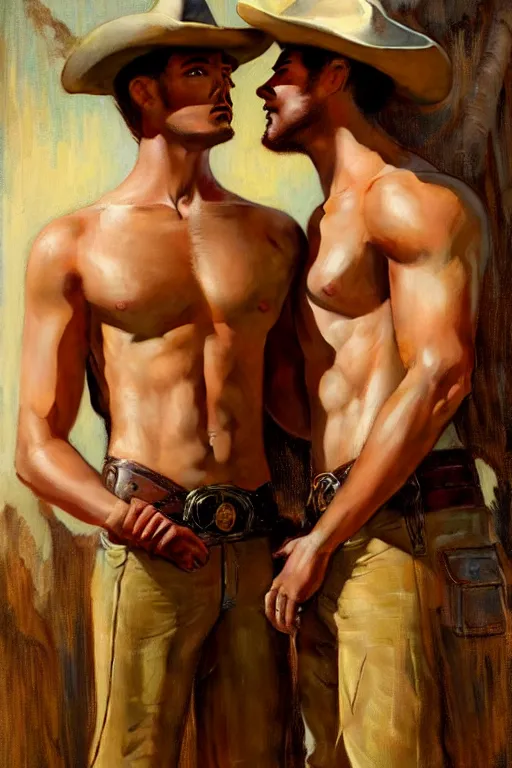 Prompt: a homoerotic symmetrical painting by clyde aspevig, greg rutkowski, gaston bussiere, j. c. leyendecker of two attractive cowboys, they are in love standing back to back | bandoliers, shirtless, leather pants | natural lighting, path traced, highly detailed, high quality, trending on artstation