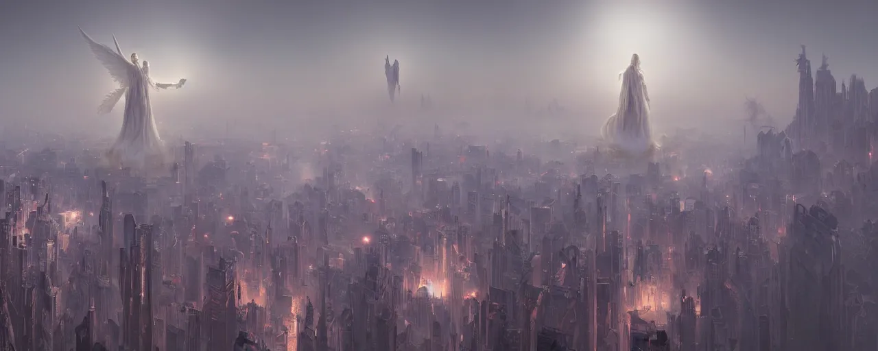 Prompt: giant white glowing angel rising above foggy city by wayne barlowe, wes anderson, roger dean, mikalojus konstantinas ciurlionis and wadim kashin, rich moody colours, 4k octane render