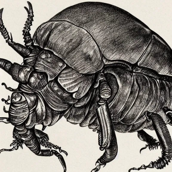 Image similar to a detailed, intricate drawing of a rhinoceros beetle rhinceros on a beach, by albrecht durer