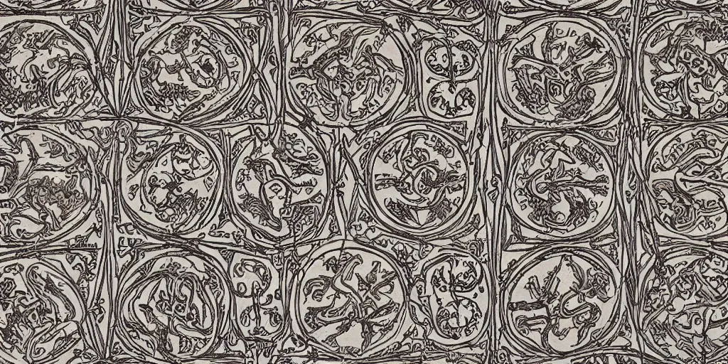 Image similar to scan of old symmetrical patterned wallpaper showing tyrolean folklore masks and cryptic occult alpine symbols and dolomites