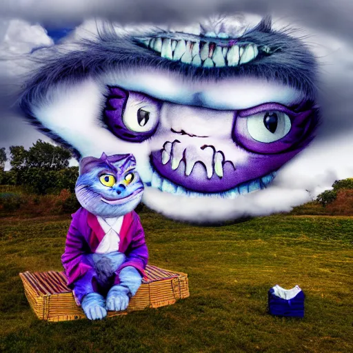 Image similar to the Cheshire cat smiling from a cloud he's sitting on in the sky high level of detail 8k style of LUKE BROWN