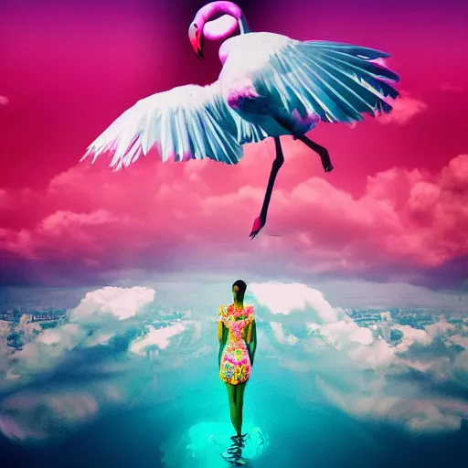 Prompt: a goddess wearing a flamingo fashion in the sky water, photoshop, colossal, creative, giant, digital art, city, photo manipulation, clouds, sky view from the airplane window