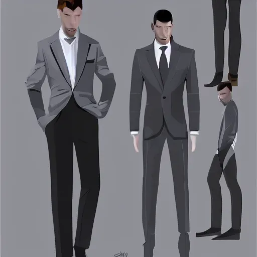 Image similar to men business suit fashion design, elegant, digital painting, concept art, smooth, sharp focus, small style cue from Blade Runner and Minority Report and iRobots