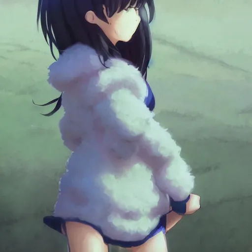 Image similar to girl in sheep suit, artwork made by makoto shinkai, inspired in hirohiko araki, clean details, light color palette, anatomically proportional, hd