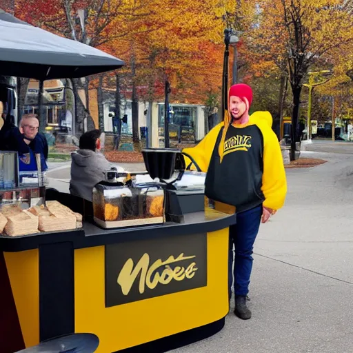 Image similar to a moose with a yellow hoodie selling coffee at a stand in downtown peterborough new hampshire, realistic, 8 k