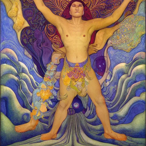 Image similar to the flower prince, by jean delville and donato giancola and nicholas roerich, and diego rivera, and leo and diane dillon, symbolist, tattoos, dramatic lighting, elaborate geometric ornament, art brut, god rays, soft cool colors, smooth, sharp focus, extremely detailed