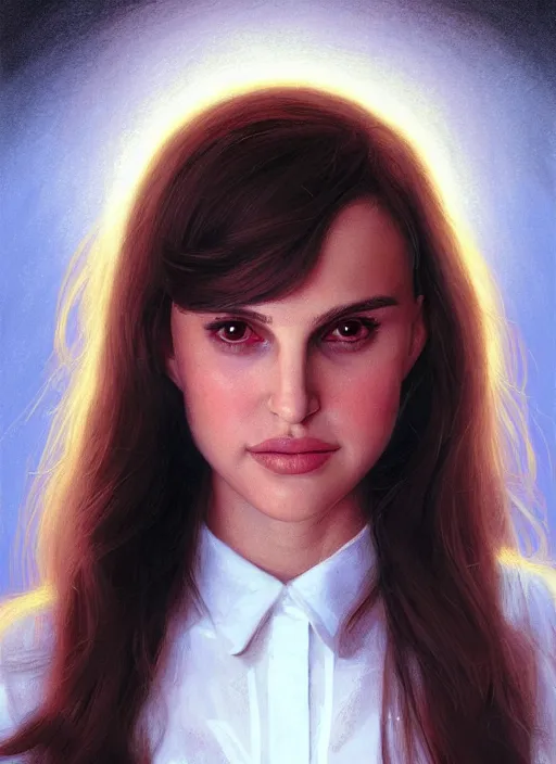 Image similar to portrait of teenage natalie portman, long haircut, flowing dark hair, white shirt, red tie, smiling kindly, forest at background, 1 9 8 0 s, intricate, elegant, glowing lights, highly detailed, digital painting, artstation, concept art, smooth, sharp focus, illustration, art by wlop, mars ravelo and greg rutkowski