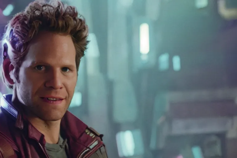 Prompt: glenn howerton as starlord in guardians of the galaxy, cinestill colour, anamorphic