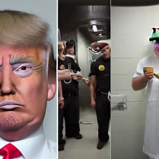 Prompt: donald trump eating an ice cream in his jail cell with other trump's wearing paper clothing