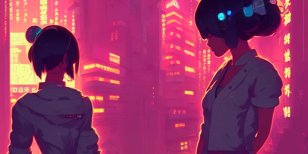 Image similar to digital illustration closeup of cyberpunk geisha in city street at night by makoto shinkai, ilya kuvshinov, lois van baarle, rossdraws, basquiat | afrofuturism, in the style of hearthstone, trending on artstation | cool color scheme