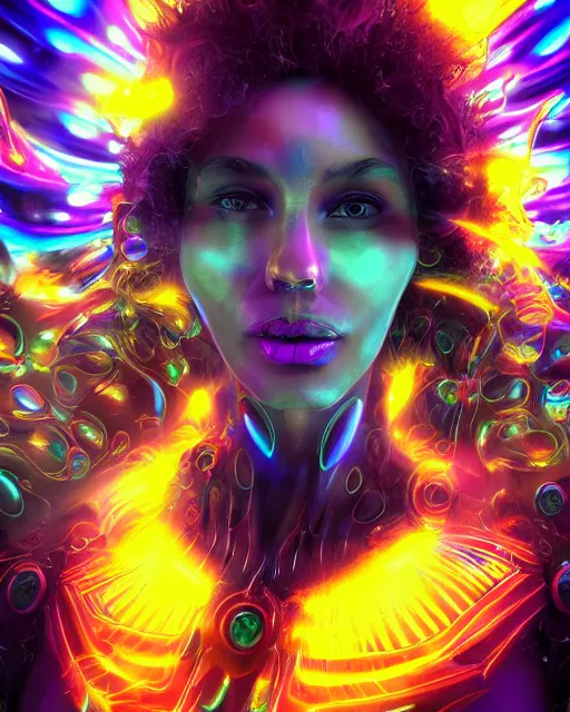 Image similar to a powerful energy psychedelic woman, by alexander fedosav, hyper detailed digital matte painting, concept art, hyperrealism, 1 6 k resolution, cinema 4 d, 8 k resolution, trending on artstation, behance hd, a masterpiece, by stephan martiniere, particles, cel - shaded, power bright neon energy, by david a. hardy,