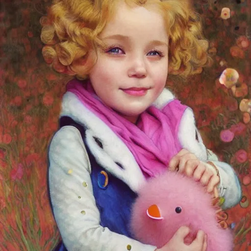 Image similar to a beautiful [[[smiling]]] little blonde toddler girl with short loosely curly hair, at the park on a beautiful day, holding a round all-pink stuffed penguin, by Artgerm, Mucha Klimt, Hiroshi Yoshida and Craig Mullins, featured on Artstation, CGSociety, Behance HD, Deviantart