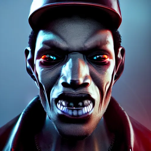 Image similar to portrait of a evil hiphop gangsta robot possessed by demon, expression, unreal engine, by artgerm, wlop and ross thran, dramatic cinematic lighting rendered by octane, 8 k, detailed