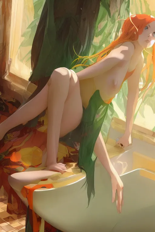 Prompt: a girl with long hair lying in a bathroom bath at afternoon, green and orange theme, s line, 4 5 angel by krenz cushart and mucha and makoto shinkai and greg rutkowski, 4 k resolution