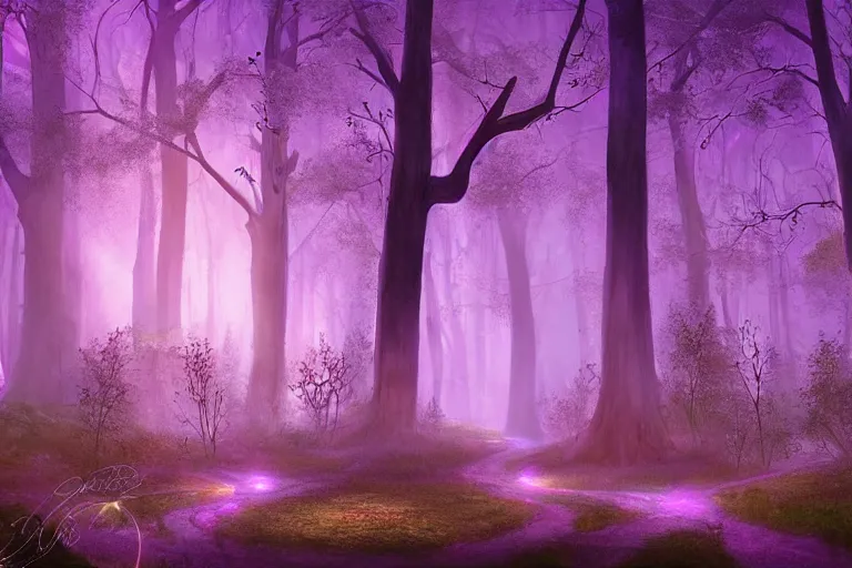 Image similar to ancient magical forest, tall purple and pink trees, moonlit, winding path lined with bioluminescent mushrooms, fireflies, pale blue fog, mysterious, eyes in the trees, cinematic lighting, photorealism