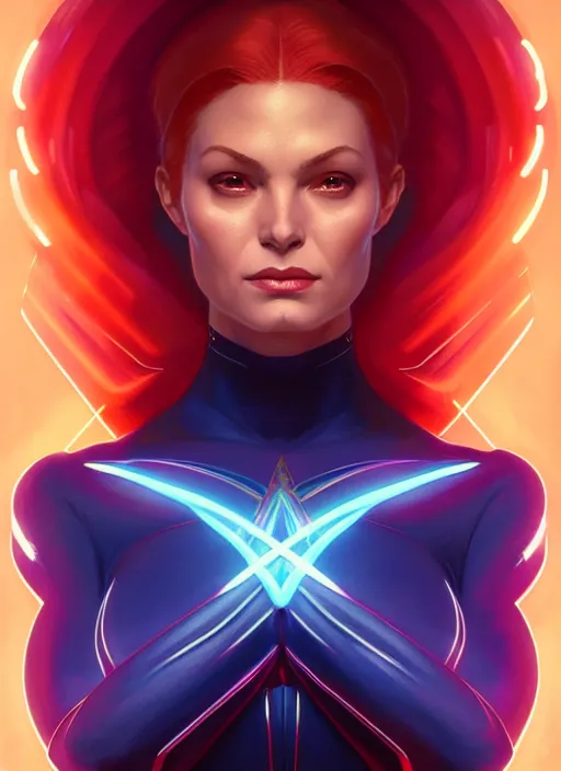 Image similar to symmetry portrait of jean grey from 9 0 s x - men, glowing lights, intricate, elegant, highly detailed, digital painting, artstation, concept art, smooth, sharp focus, illustration, art by artgerm and greg rutkowski and alphonse mucha