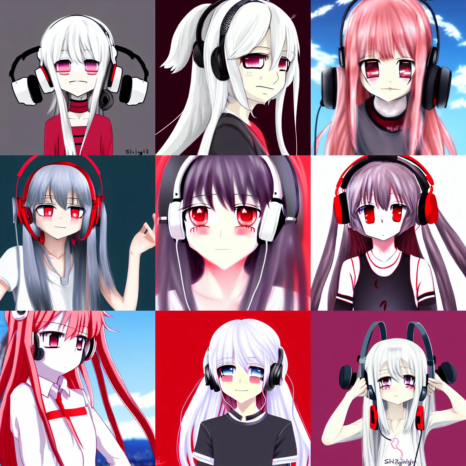 Prompt: white long haired red eyed young cute girl wearing headset by shirabii in anime style