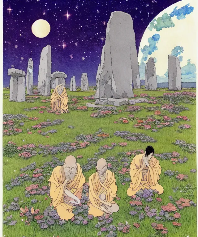 Image similar to a hyperrealist studio ghibli watercolor fantasy concept art. in the background is a giant long haired grey witch in lotus position sitting on top of stonehenge with a starry sky in the background. in the foreground is a group of tiny monks are on their knees. by rebecca guay, michael kaluta, charles vess