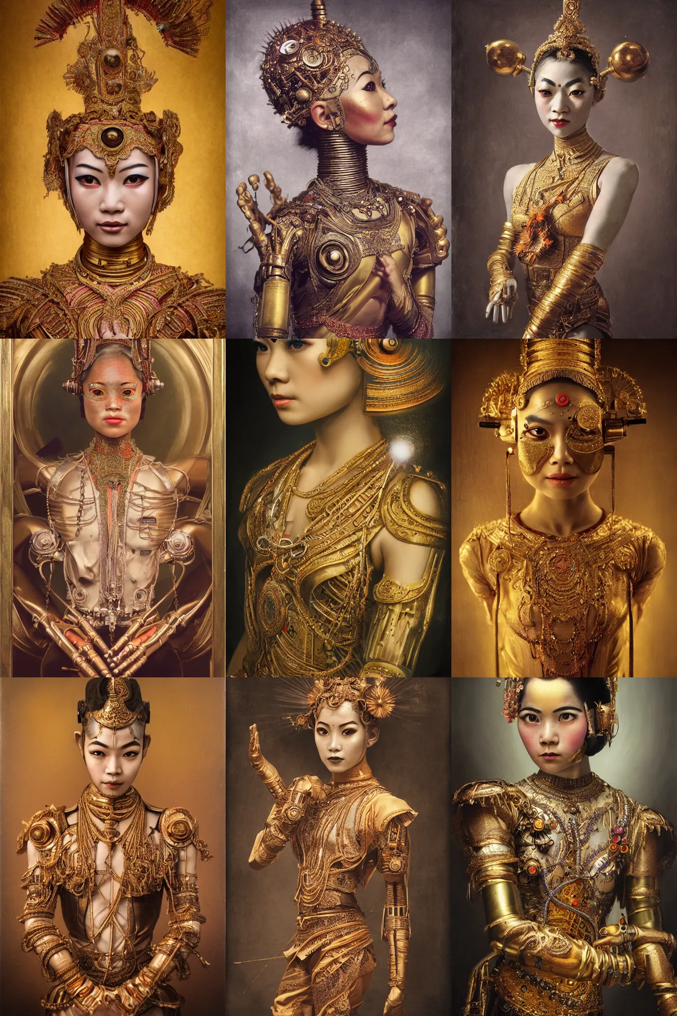 Prompt: a beautiful ultradetailed vintage photo of a cyborg classical thai dancer, by tom bagshaw and anna dittman, portrait, 2 4 mm lens, golden ratio composition, detailed face, techno eye, studio photography, very detailed, cyborg in the style of jan van eyck, industrial robots, artstation, 8 k, highly coherent