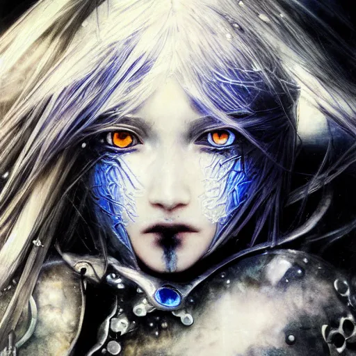 Prompt: Yoshitaka Amano realistic illustration of an anime girl with wavy white hair, black eyes and blue iris and cracks on her face wearing Elden ring armour with the cape fluttering in the wind, abstract black and white patterns on the background, noisy film grain effect, highly detailed, Renaissance oil painting, weird portrait angle