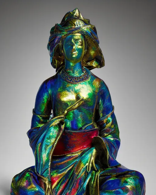 Prompt: a metallic multicolored statue of a woman in long robes