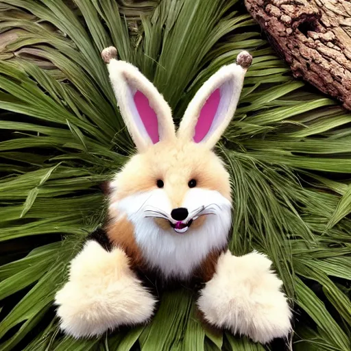 Image similar to a photorealistic adorable zany girly alluring chubby charming but slightly terrifying fennic fox wolf rabbit hybrid, with long floppy rabbit ears, wearing a bow on the top of its head, grinning at the camera with a mischievous look, sharp teeth, happy lighting, at a tropical beach