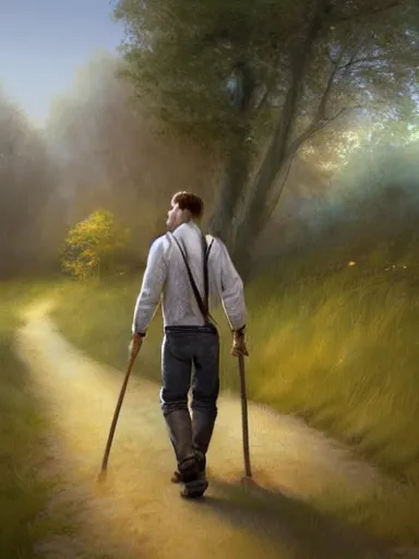 Prompt: a youthful handsome man holding a stick, walking in a rural area. intricate, elegant, highly detailed, digital painting, artstation, concept art, sharp focus, illustration, by justin gerard and artgerm, 8 k