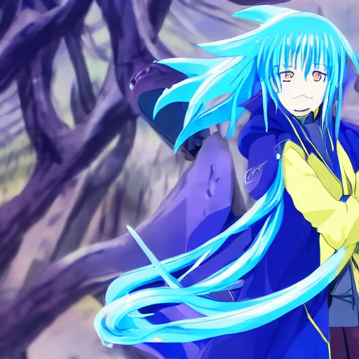 Prompt: rimuru tempest from that time i got reincarnated as a slime, with long blue hair in a ponytail, with bangs, pale skin, yellow eyes, fully clothed in red robes, highly detailed, 8 k, octane render, professional portrait, realistic, rainy window, volumetric lighting, water droplets frozen in time, sprites, god rays,