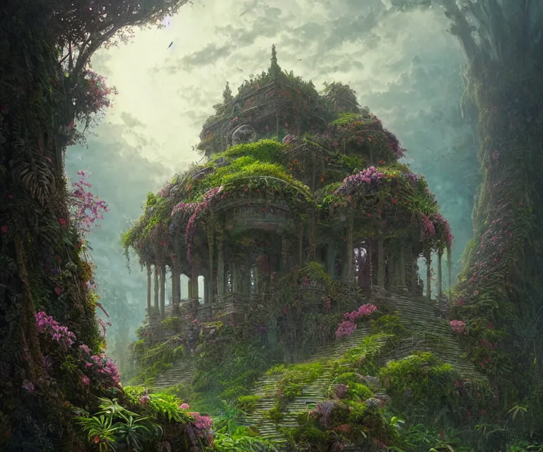 Prompt: Overgrown fantasy temple in the clouds, fantasy art by ferdinand knab, intricately detailed, overgrowth, flowers, radiant warm light, alena aenami