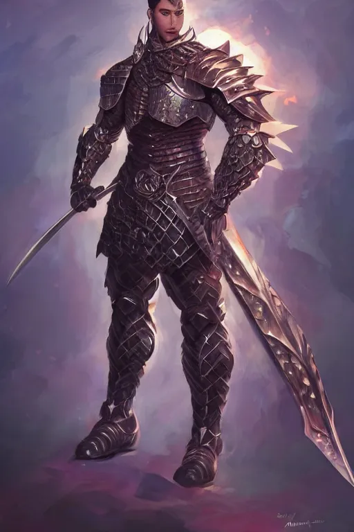 Image similar to Full body character concept art of an anime draconian warrior knight, iridescent scales, cool face, muscular, by Stanley Artgerm Lau, WLOP, Rossdraws, James Jean, Andrei Riabovitchev, Marc Simonetti, and Sakimichan, tranding on artstation