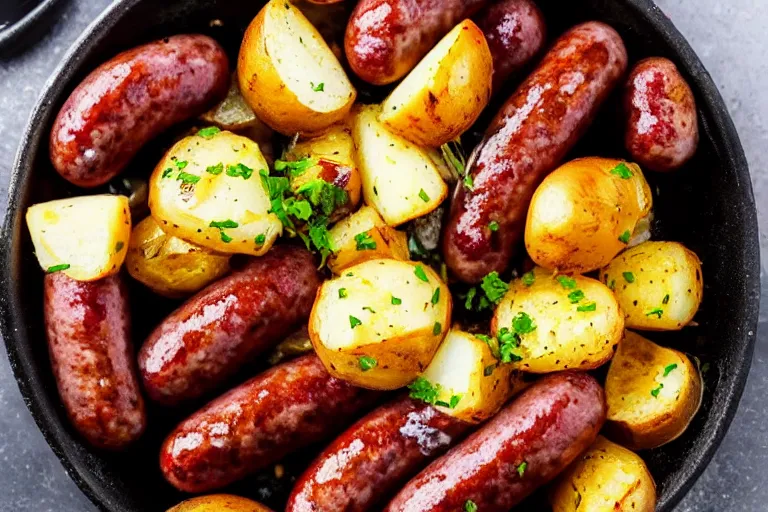 Image similar to bbq sausages potato salad dinner shallow fried food photography delicious