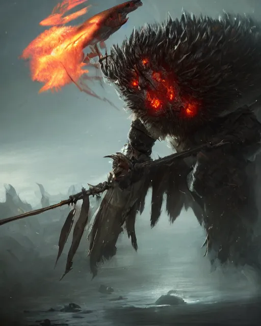 Prompt: oil painting of Angry Anthropomorphized Fish Berserker, wearing fur armor, claws, sharp focus, attack pose, fantasy style, octane render, volumetric lighting, 8k high definition, by greg rutkowski, highly detailed, trending on art Station, magic the gathering artwork, burning Battlefield background, centered