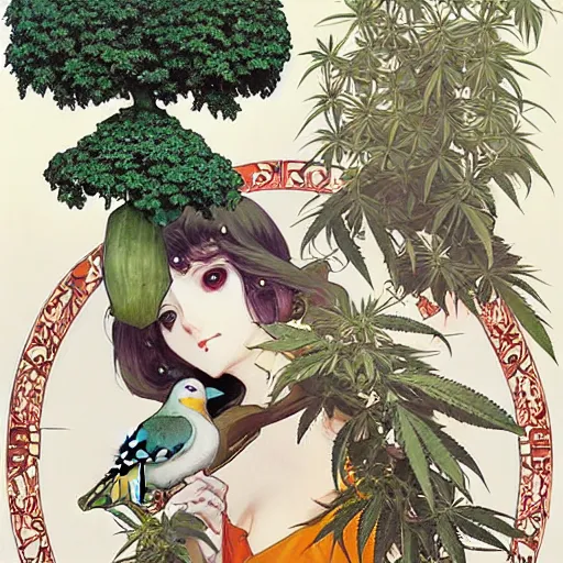 Image similar to two pigeon, cannabis tree, pigeons and trees by Range Murata and Mucha