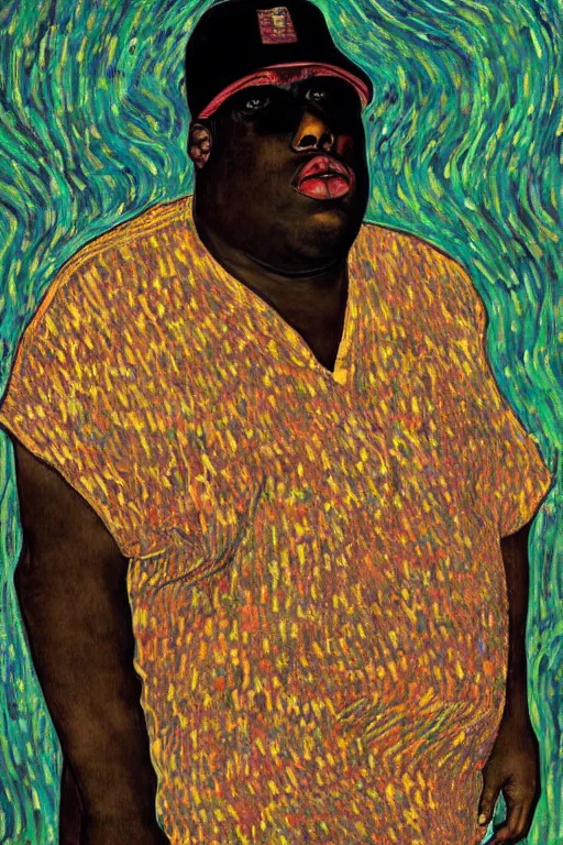 Image similar to a portrait of notorious b. i. g. in style of egon schiele, gustav klimt and vincent van gogh, masterpiece, hyperdetailed, complex, intricate, 4 k, trending on artstation