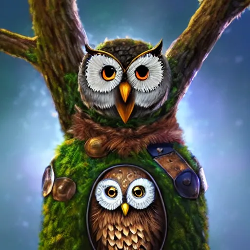 Prompt: A detailed, highly realistic anthropomorphic owl with a viking helmet and round shield standing in front of a tree, an anthropomorphic owl with a fluffy face wearing armor in front of a tree, digital art, ArtStation, Commission, Award Winning