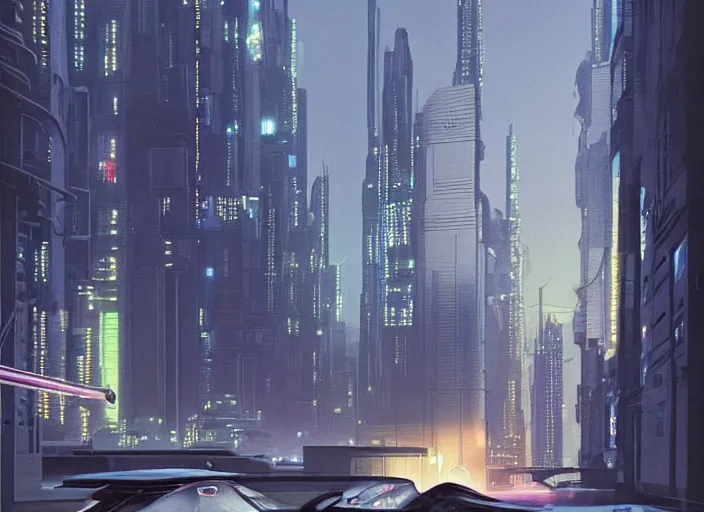 Prompt: a car driving down a street next to tall buildings the night at 10 pm, cyberpunk art by Chesley Bonestell, cgsociety, retrofuturism, matte painting, reimagined by industrial light and magic