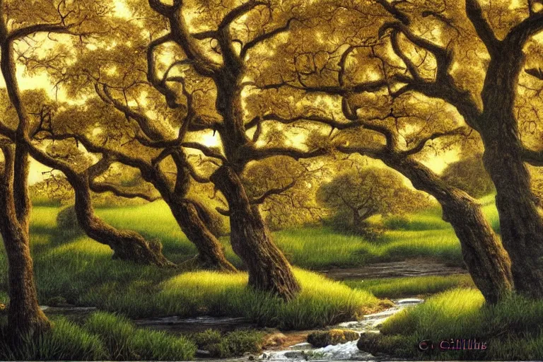 Prompt: masterpiece painting of oak trees on a hillside overlooking a creek, dramatic lighting, by cliff childs