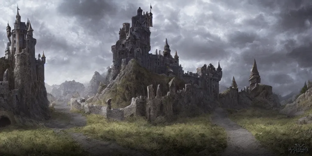 Image similar to matte painting, castle, dramatic landscape