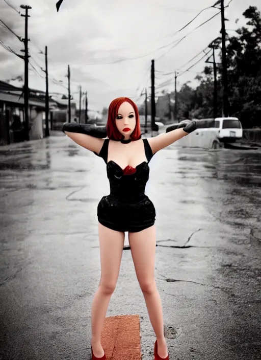 Image similar to pinup asuna from sao sitting on top of a wet sidewalk, a photo by rodolfo escalera, unsplash, hypermodernism, ominous vibe, ominous, apocalypse landscape