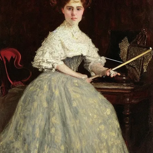 Image similar to young victorian lady in ball gown, absent - minded chewing on the end of a pencil, painted by alfred stevens