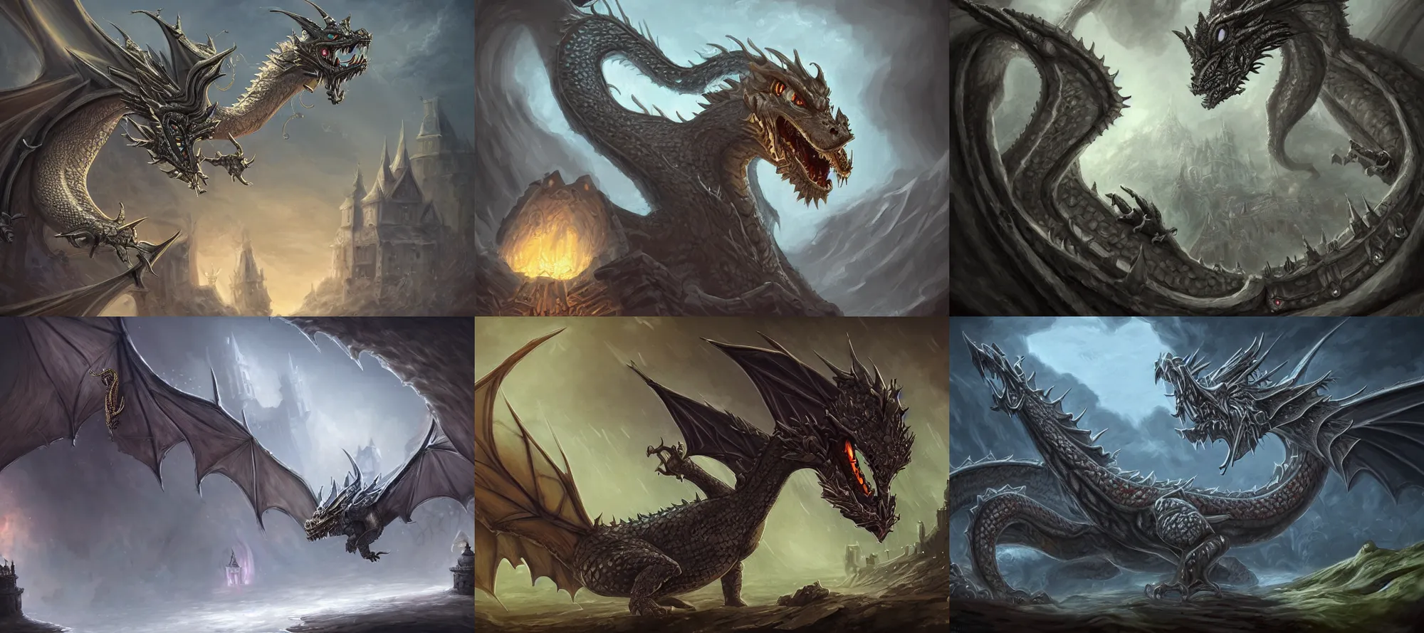 Prompt: small smooth scaled dragon with a diamond collar guarding the castle, focus, fantasy, intricate, elegant, highly detailed, digital painting, art station, concept art, matte, sharp focus, illustration, dark fantasy style art, hearthstone,